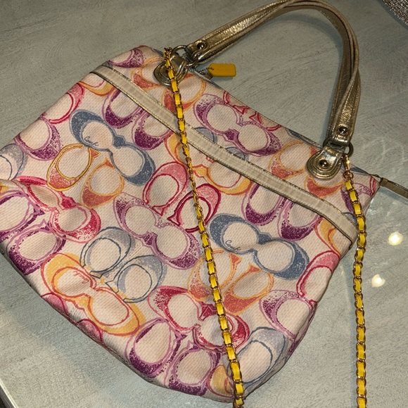Large Coach Colorful Patterned Women's Bag- metallic handles, canvas Monogram C - Picture 2 of 16